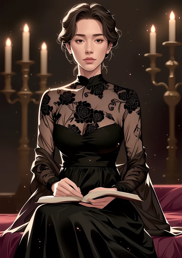 Gothic adult anime character in candlelight with a restricted dark palette